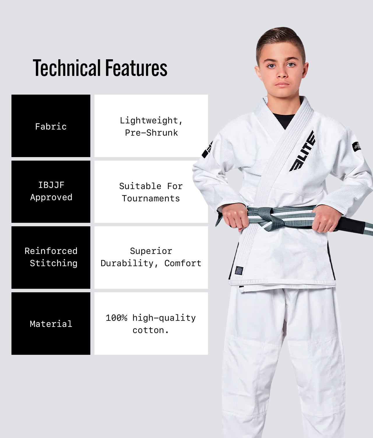 Elite Sports Kids' Jiu Jitsu BJJ Gray/White Belt Technical Features