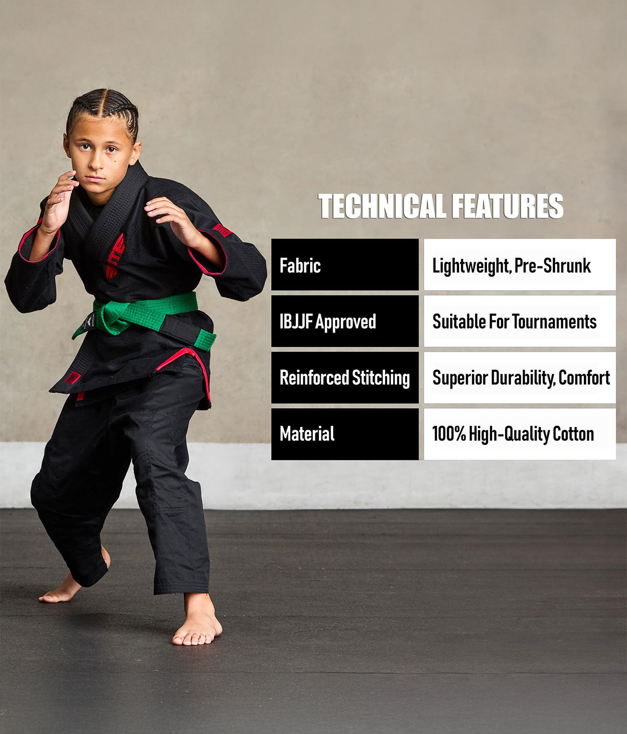 elite sports kids green bjj belt technical features