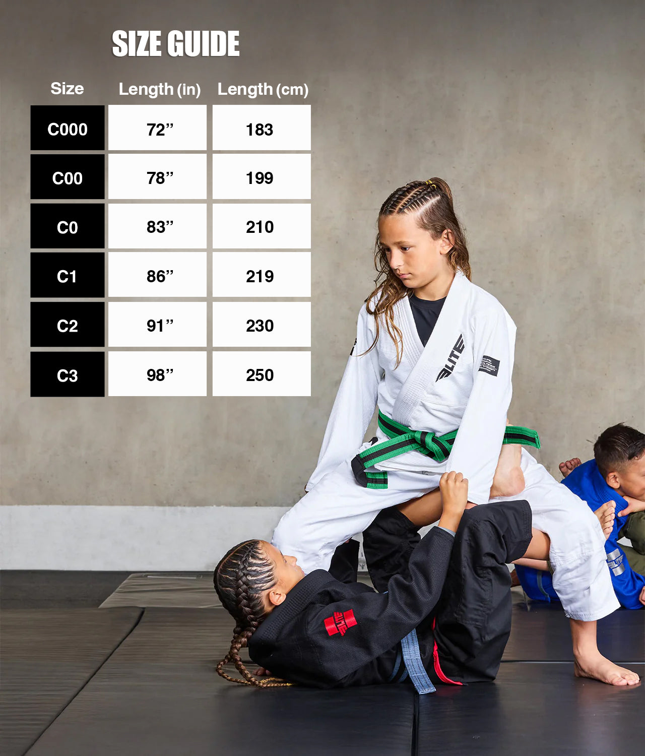 elite sports kids Brazilian jiu jitsu green/black bjj belt size guide