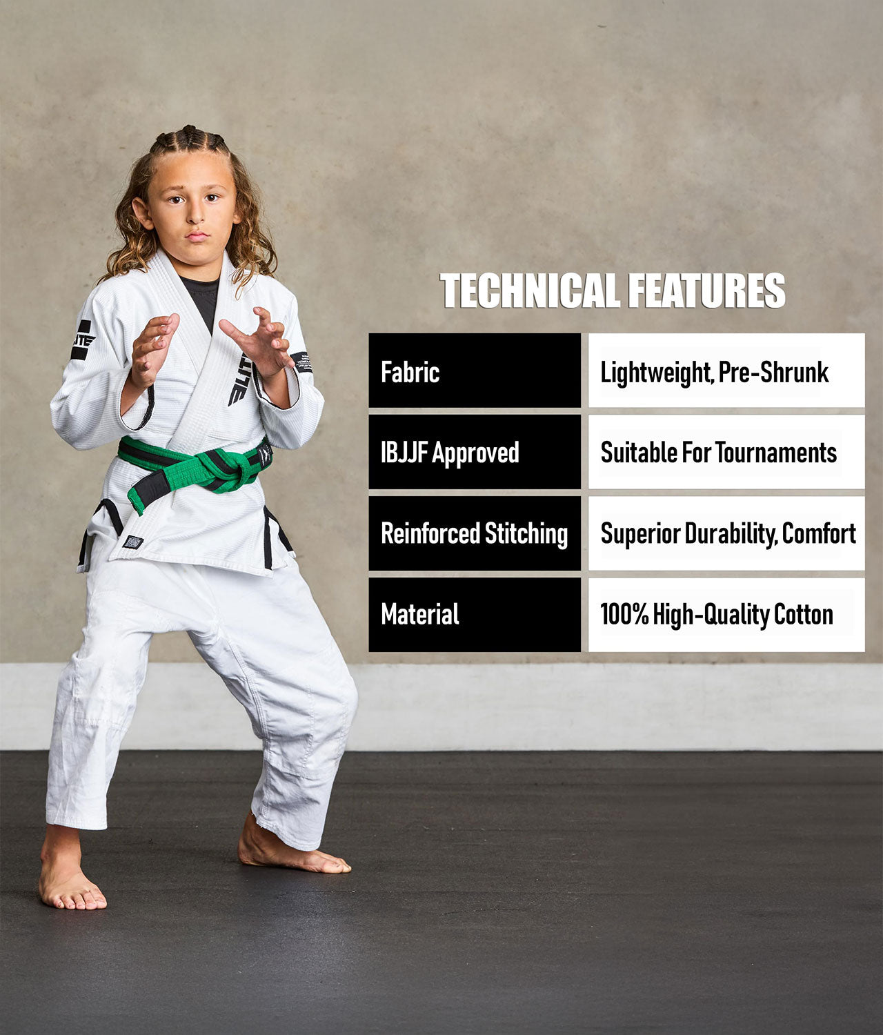 elite sports kids green/black bjj belt technical features