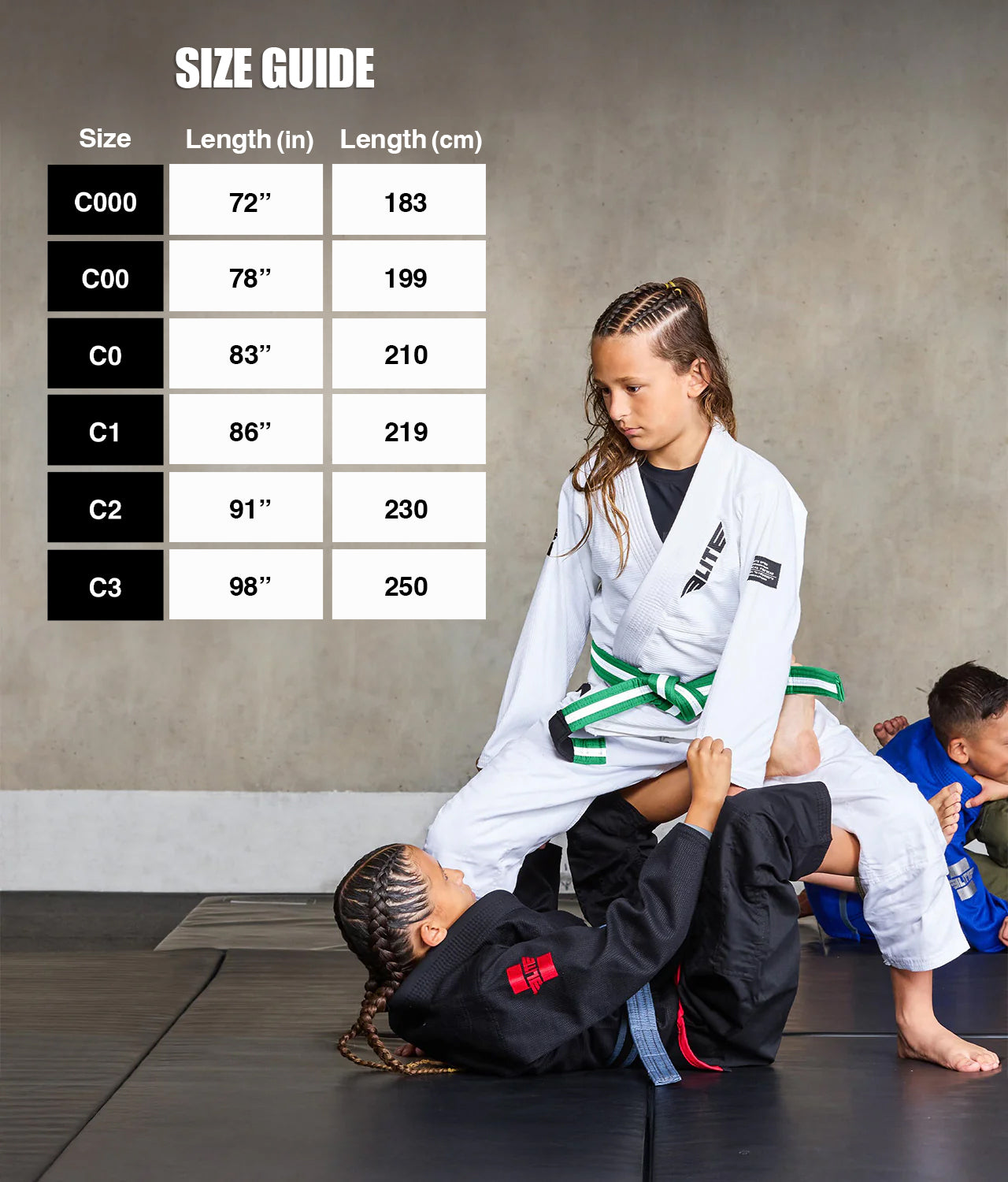 elite sports kids Brazilian jiu jitsu green/white bjj belt size guide