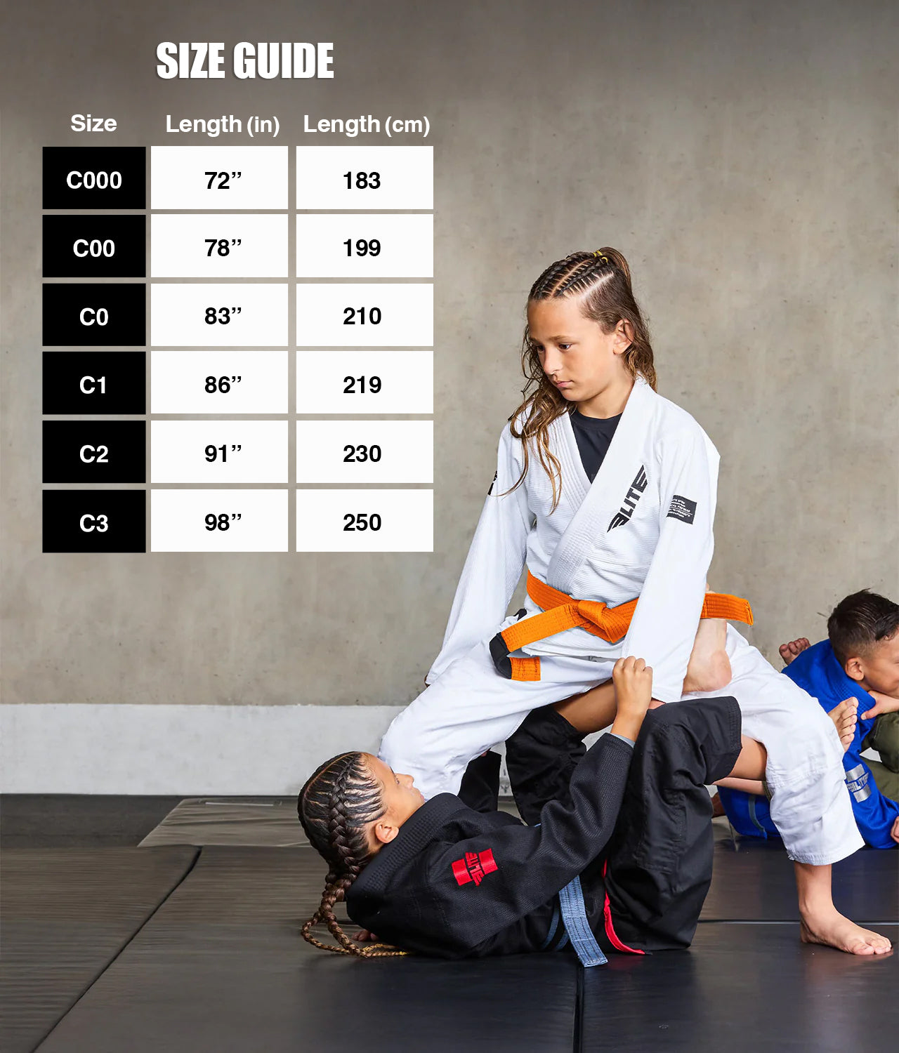 elite sports kids Brazilian jiu jitsu orange bjj belt size guide