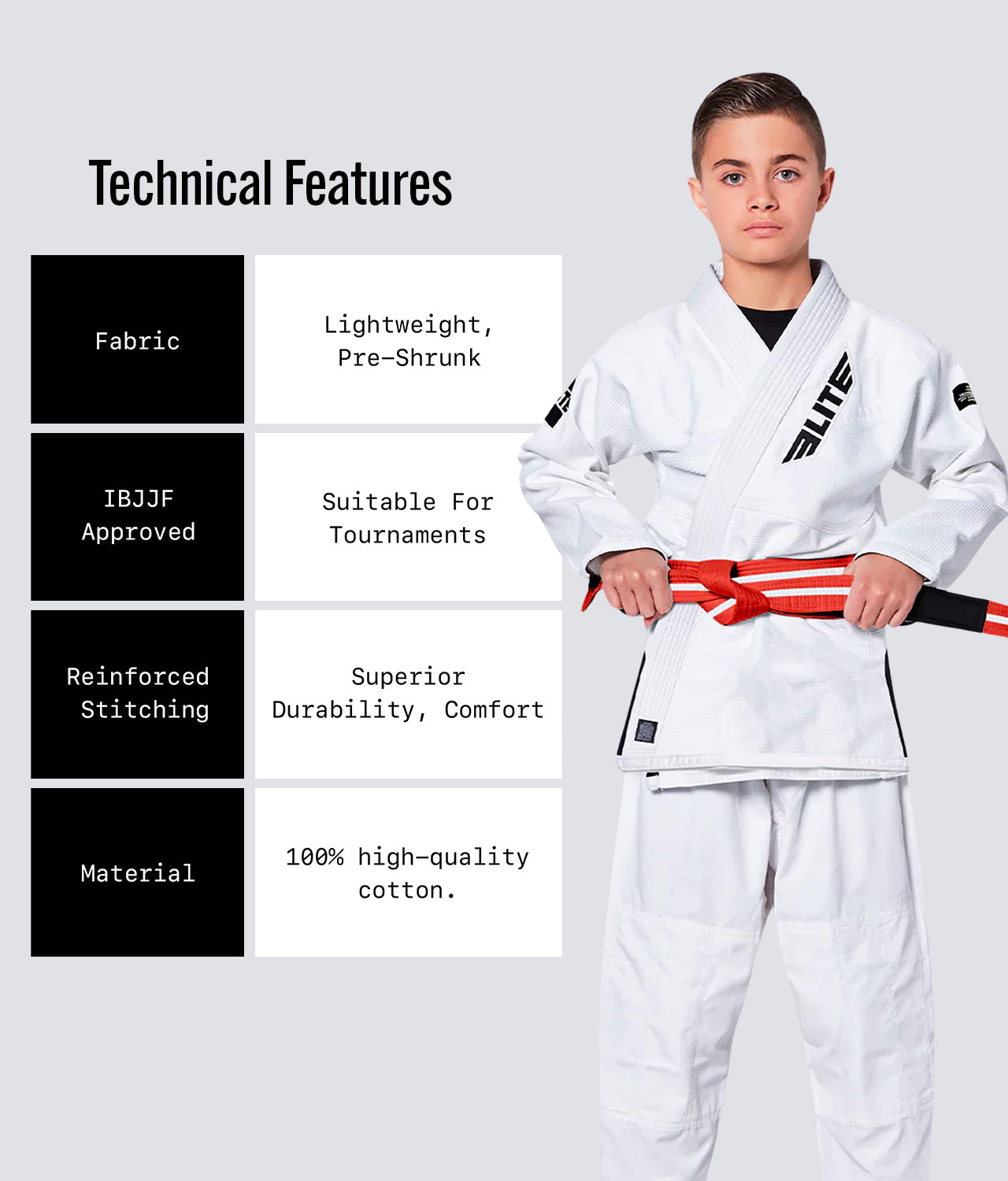 Elite Sports Kids' Jiu Jitsu BJJ Orange/White Belt Technical Features