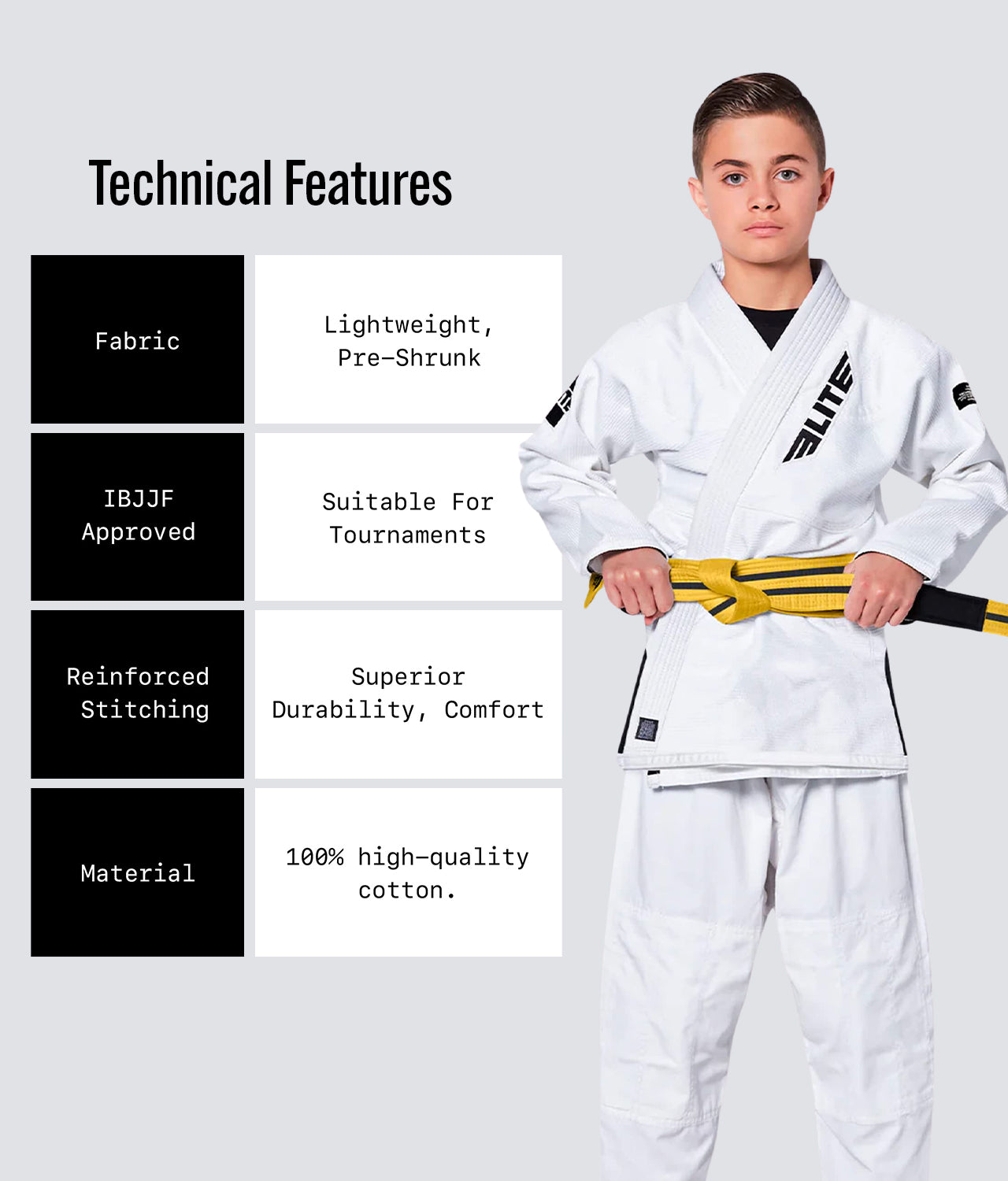 Elite Sports Kids' Jiu Jitsu BJJ Yellow/Black Belt Technical Features