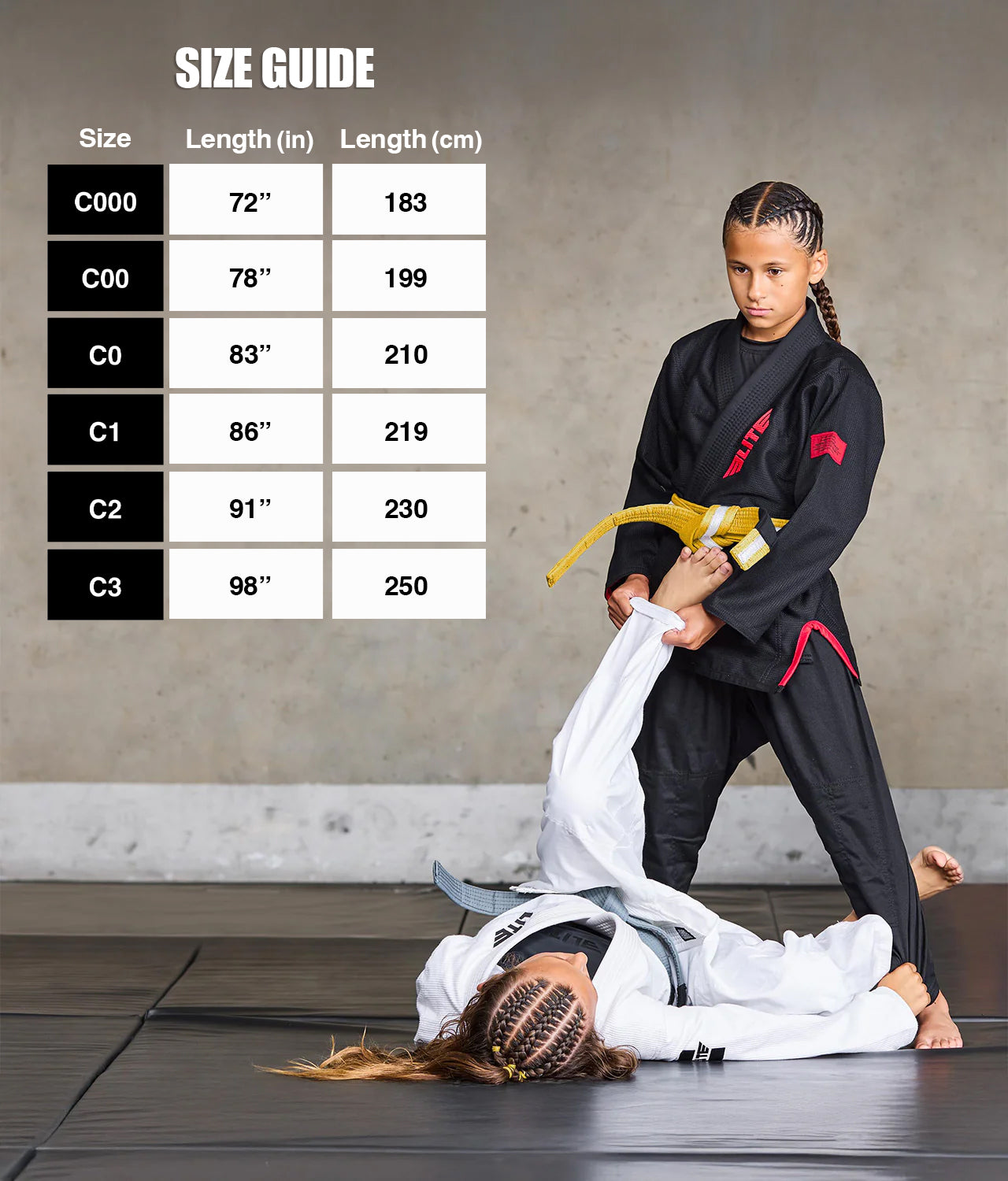 elite sports kids Brazilian jiu jitsu yellow/white bjj belt size guide