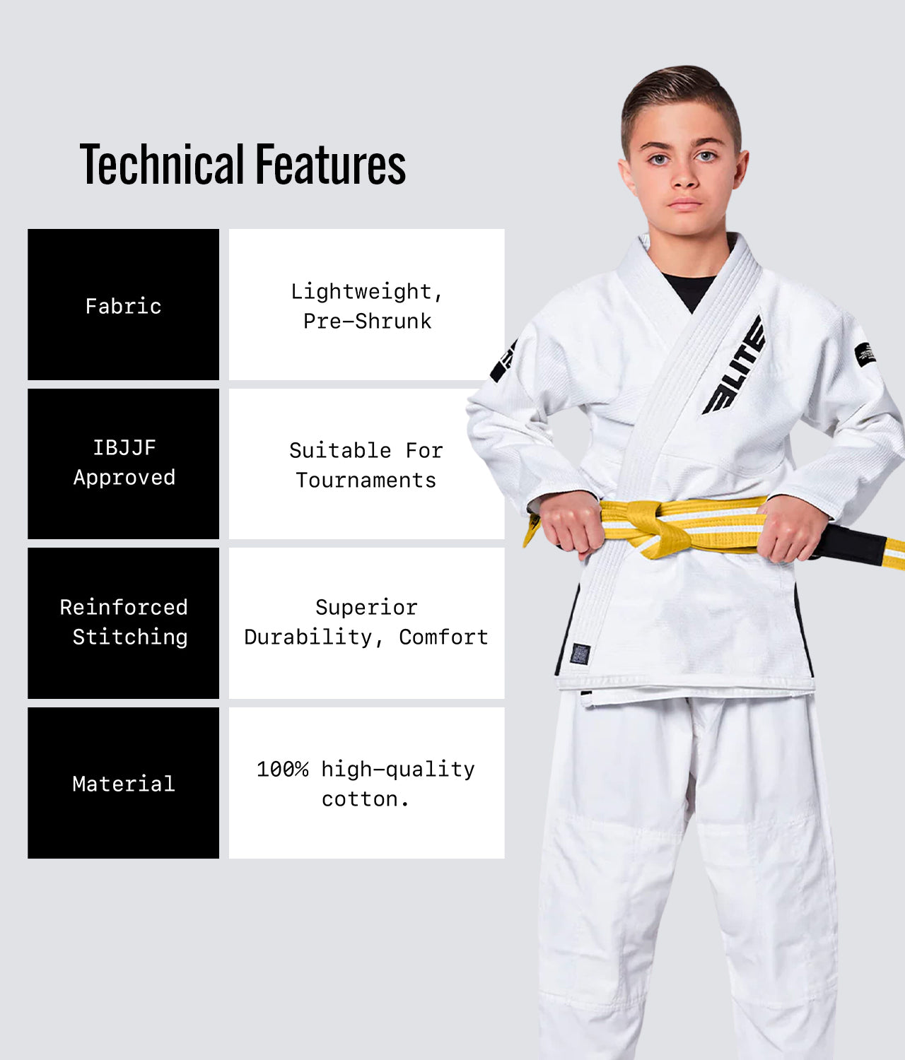 Elite Sports Kids' Jiu Jitsu BJJ Yellow/White Belt Technical Features