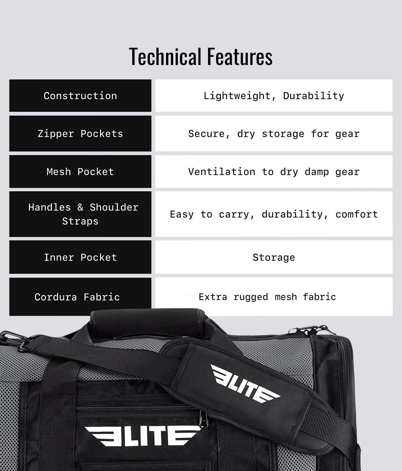Elite Sports Mesh Gray Large Brazilian Jiu Jitsu BJJ Gear Gym Bag Technical Features