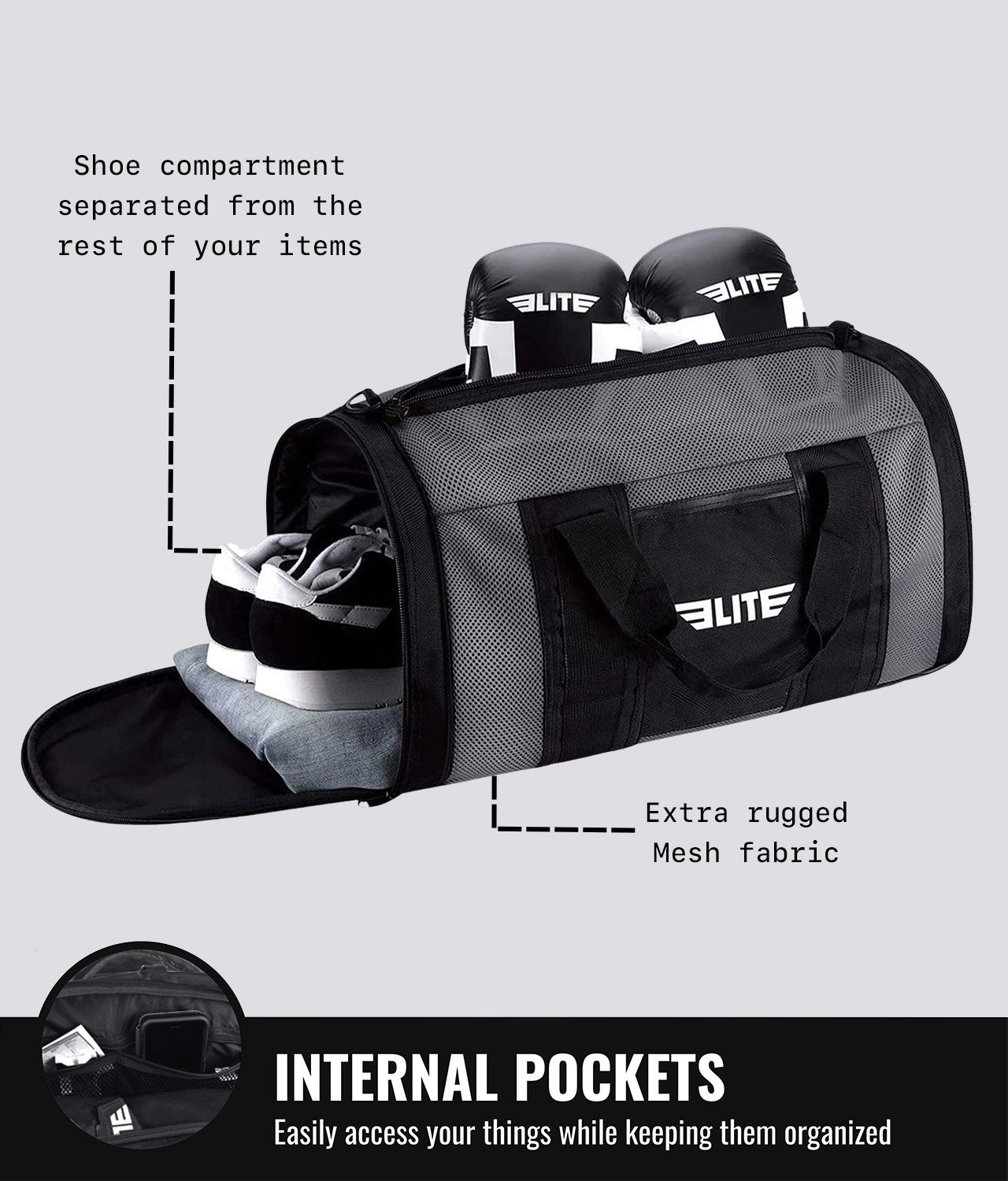 Elite Sports Mesh Gray Large Brazilian Jiu Jitsu BJJ Gear Gym Bag Internal Pockets