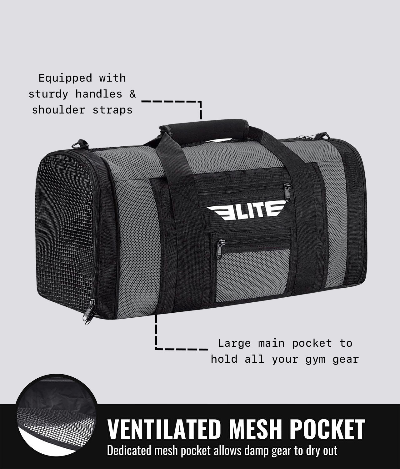 Elite Sports Mesh Gray Large Brazilian Jiu Jitsu BJJ Gear Gym Bag Ventilated Mesh Pocket