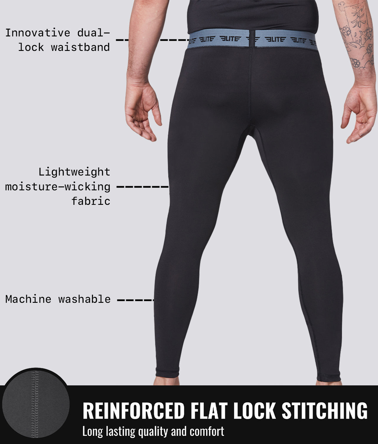 Elite Sports Men's Plain Black Compression Boxing Spat Pants Reinforced Flat Lock Stitching