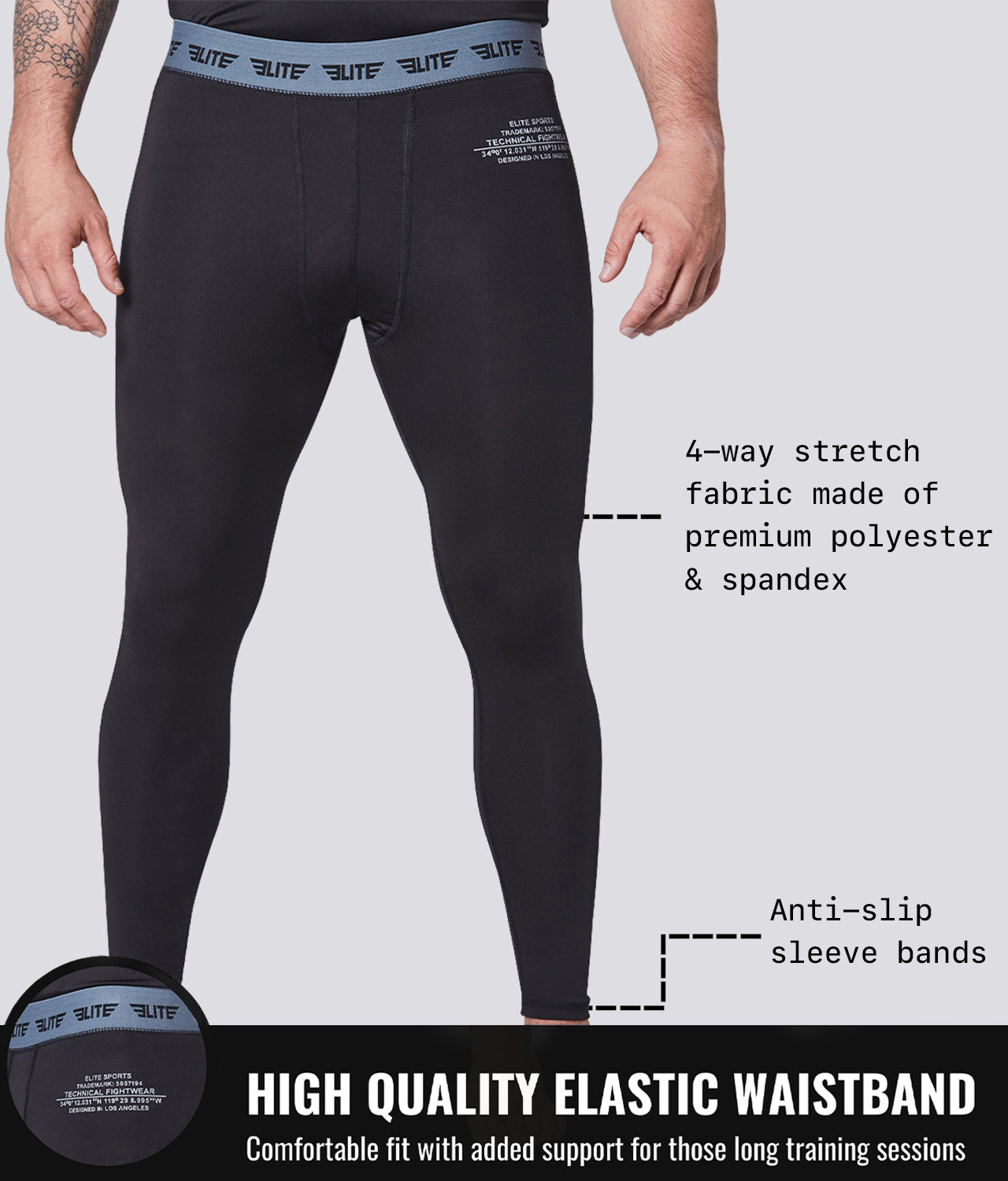 Elite Sports Men's Plain Black Compression Jiu Jitsu BJJ Spat Pants High Quality Elastic Waistband