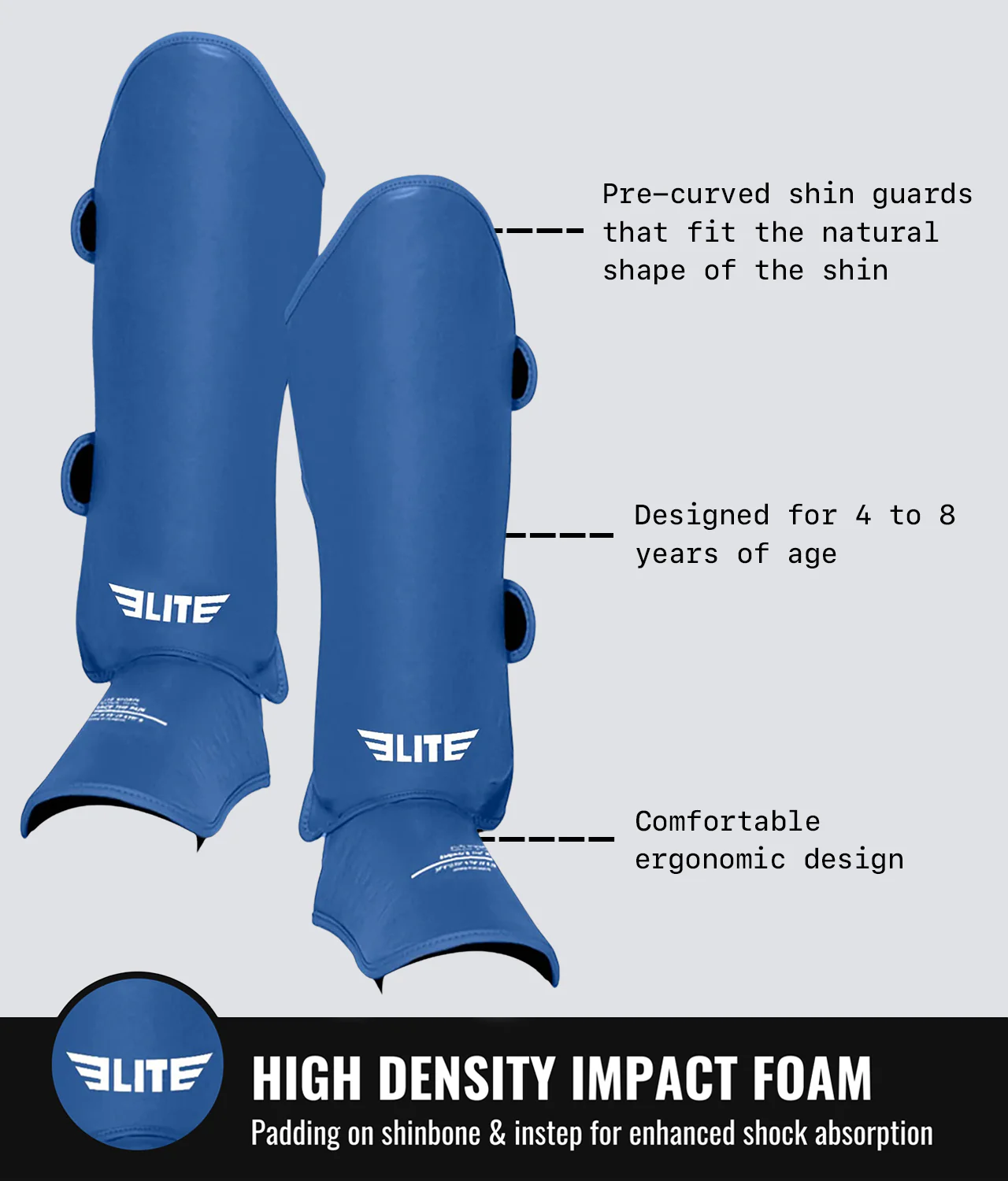 Elite Sports Kids' Plain Blue Boxing Shin Guard : 7 to 10 Years High Density Impact Foam