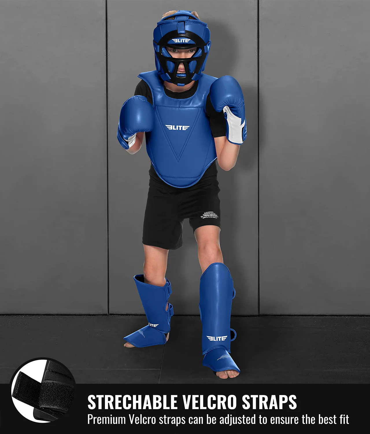Elite Sports Kids' Plain Blue Boxing Shin Guard : 7 to 10 Years Strechable Velcro Straps