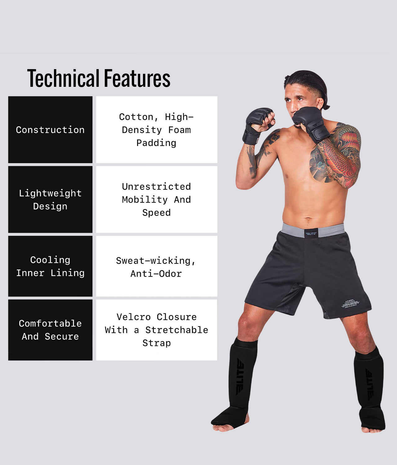 Elite Sports Adults' Standard Black/Black MMA Shin Guards Technical Features