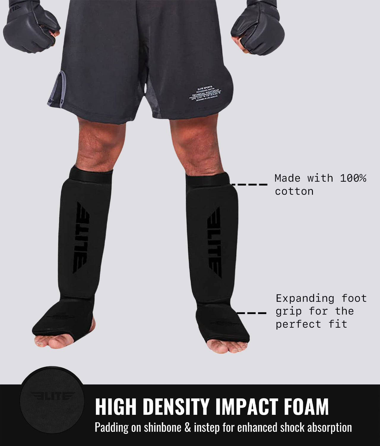 Elite Sports Adults' Standard Black/Black Muay Thai Shin Guards High Density Impact Foam