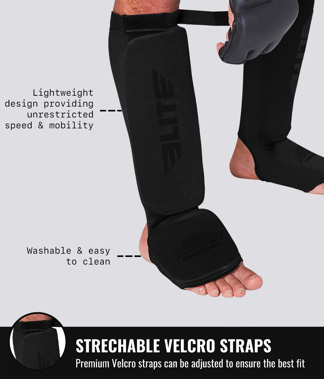 Elite Sports Adults' Standard Black/Black Muay Thai Shin Guards Strechable Velcro Straps 