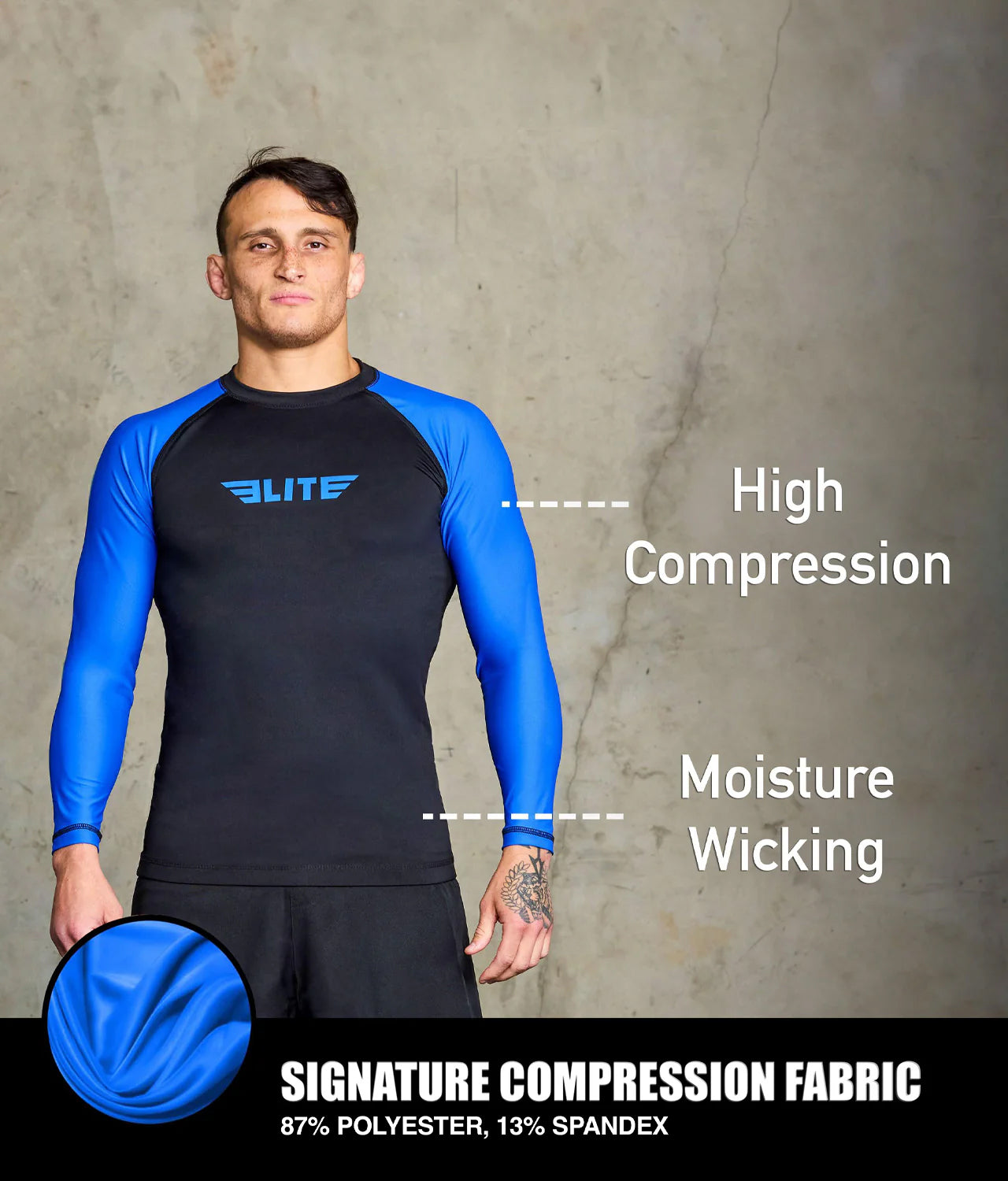 elite sports standard blue long sleeve mens jiu jitsu rashguard compression fabric