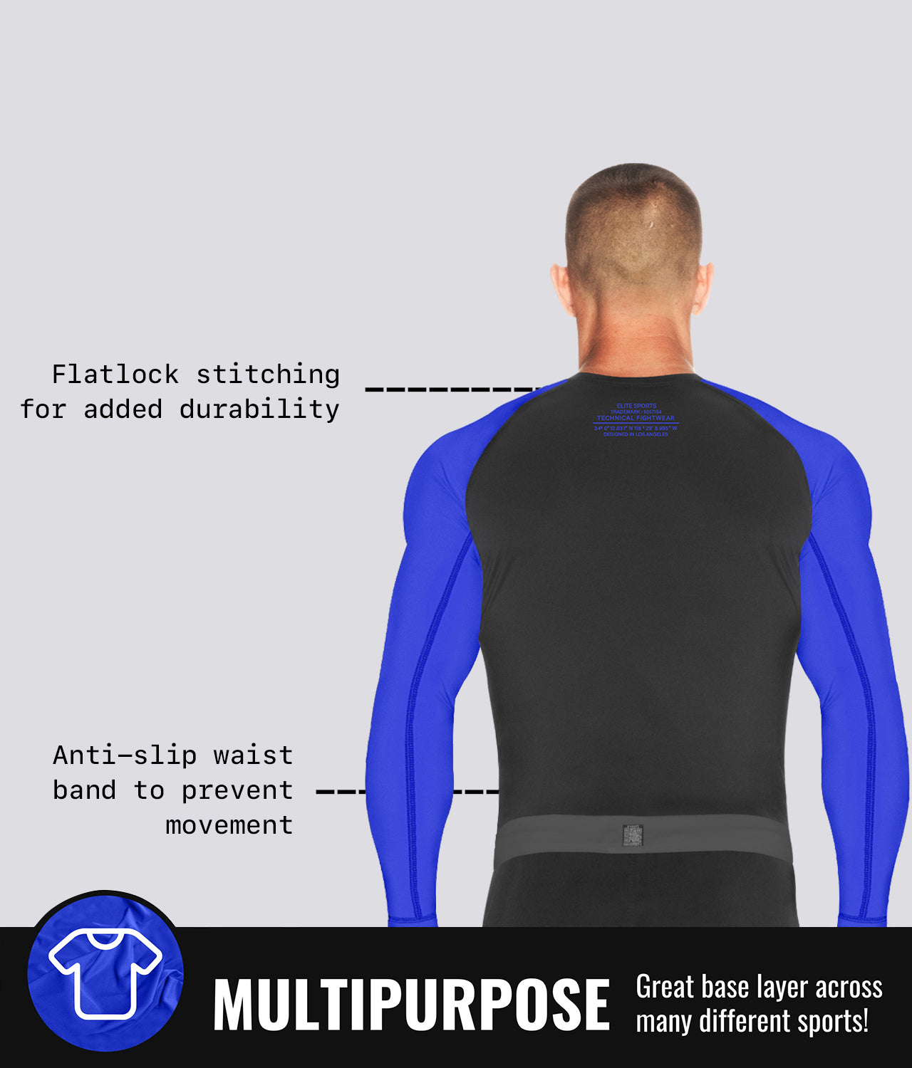 Elite Sports Men's Standard Blue Long Sleeve Jiu Jitsu BJJ Rash Guard Multipurpose