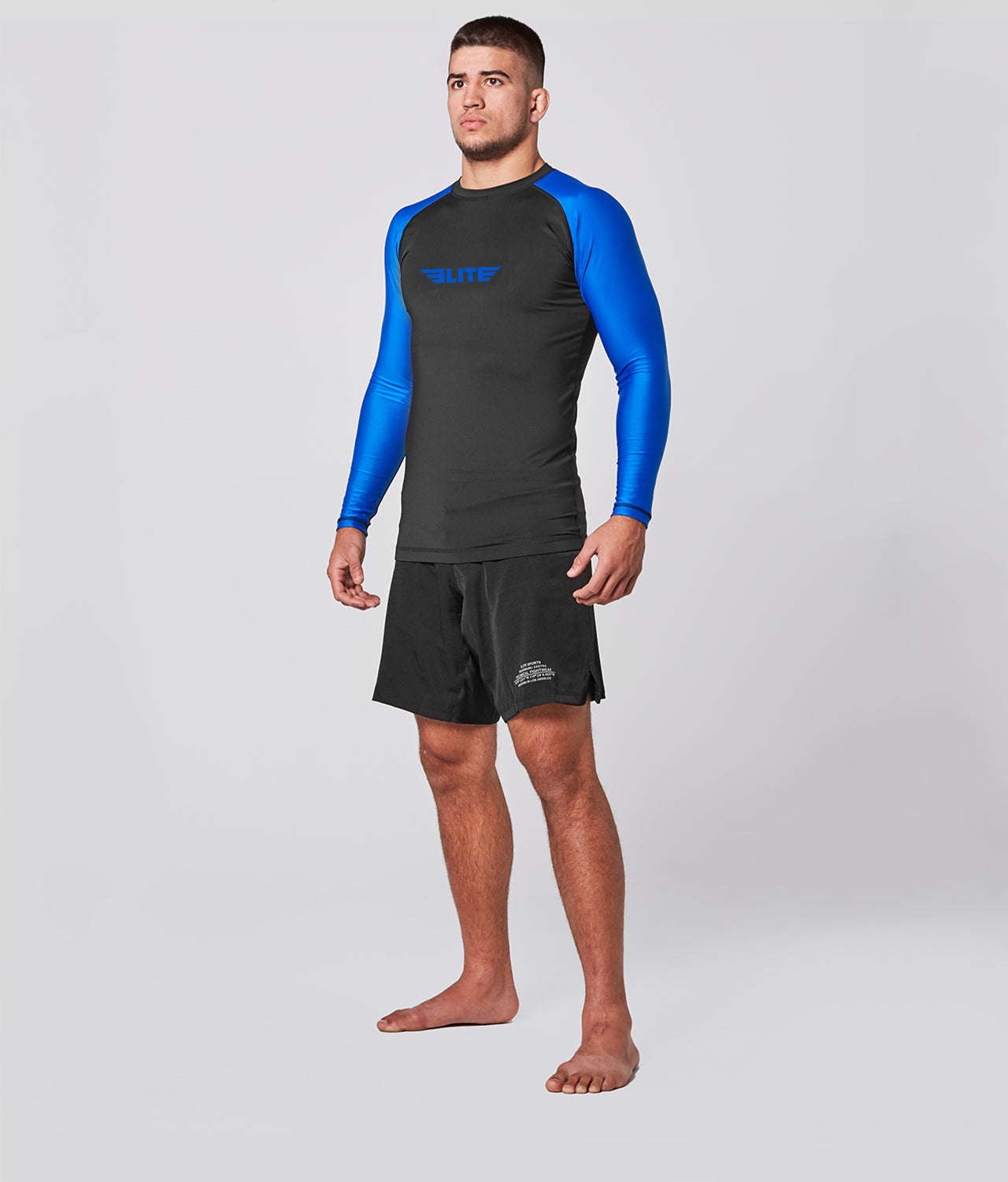 Elite Sports Men's Standard Blue Long Sleeve MMA Rash Guard Side View
