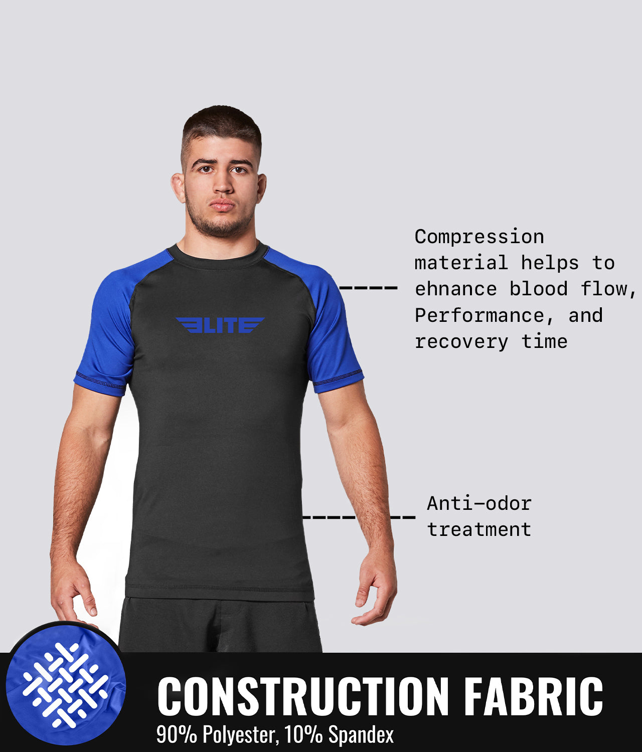 Elite Sports Men's Standard Blue Short Sleeve Jiu Jitsu BJJ Rash Guard Construction Fabric