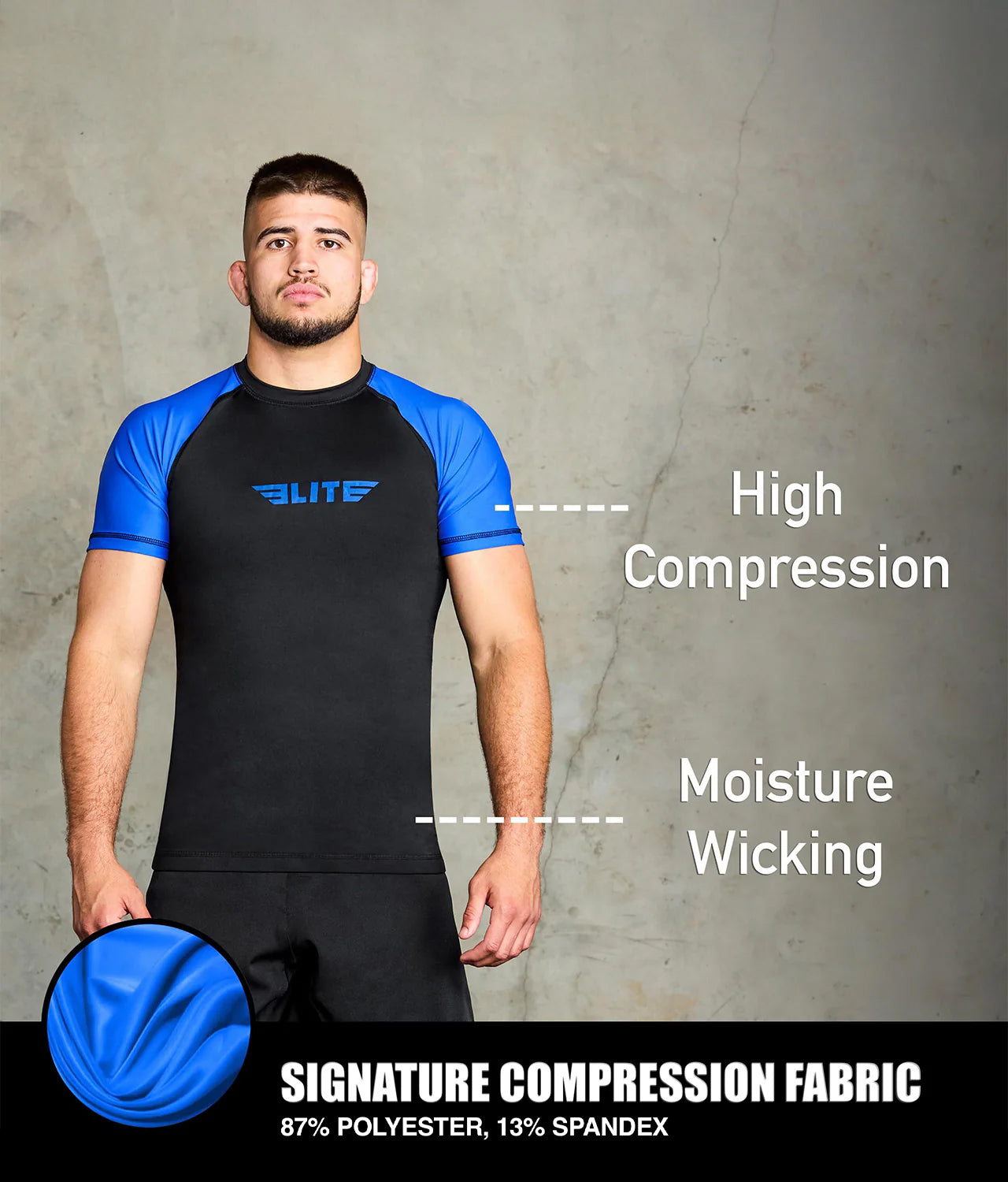 elitesports standard blue short sleeve mens bjj rash guard compression fabric