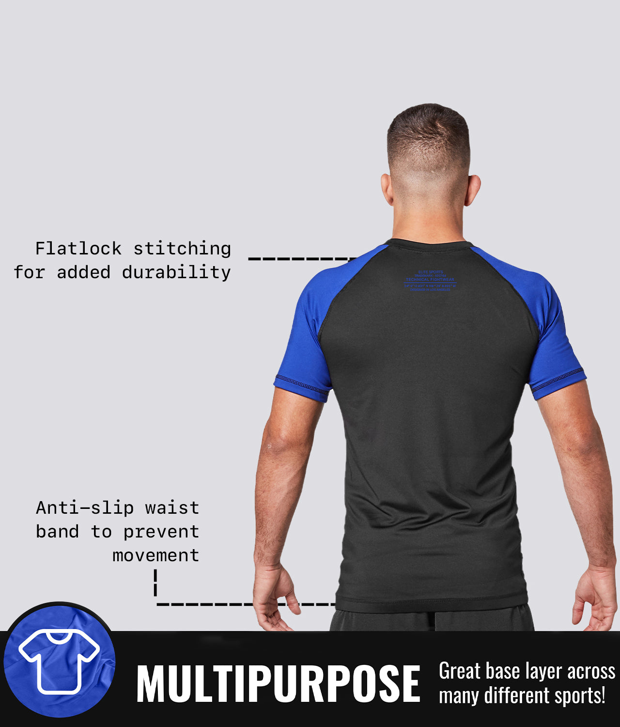 Elite Sports Men's Standard Blue Short Sleeve Jiu Jitsu BJJ Rash Guard Multipurpose