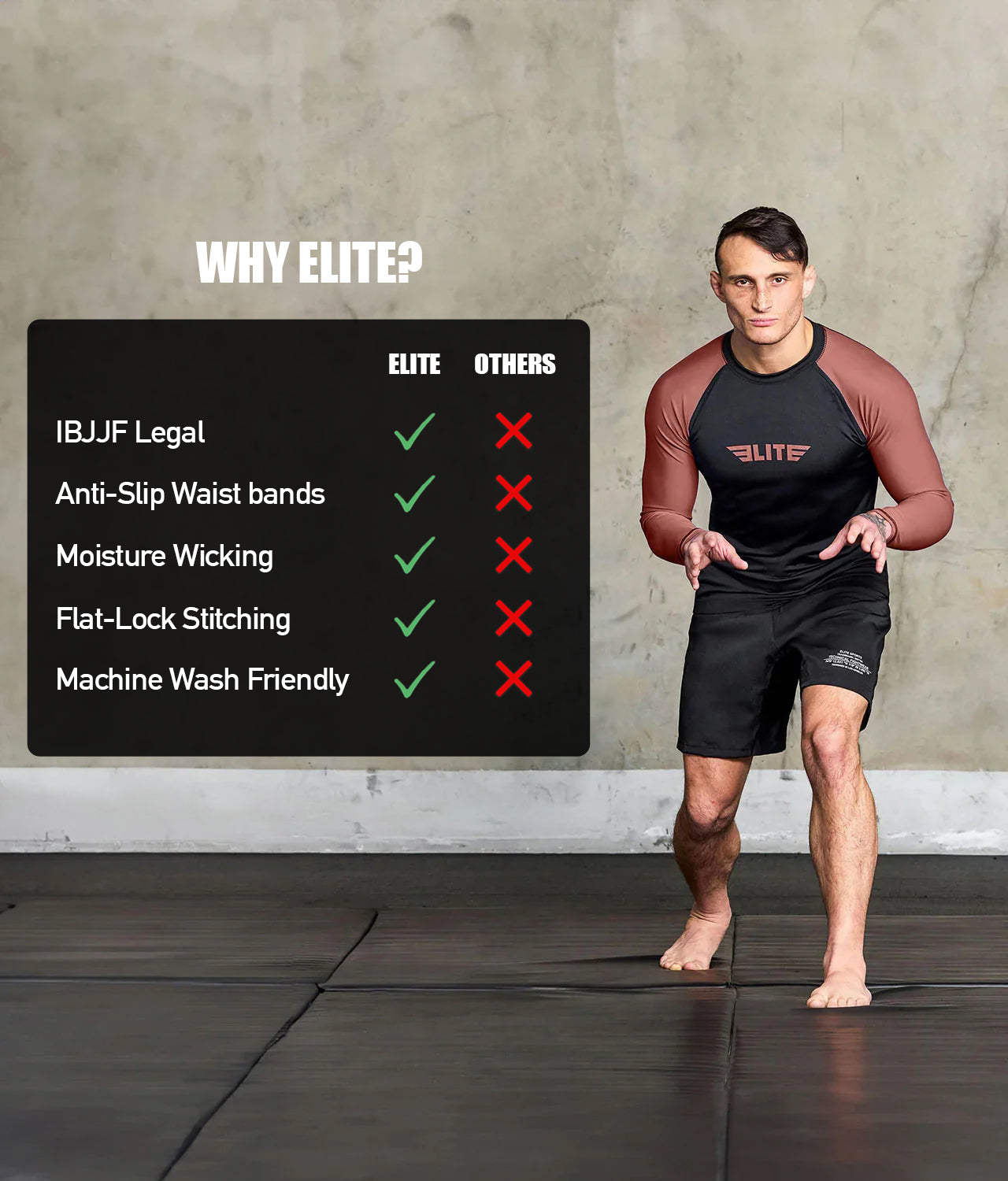 elite sports standard brown long sleeve mens jiu jitsu rash guard technical features