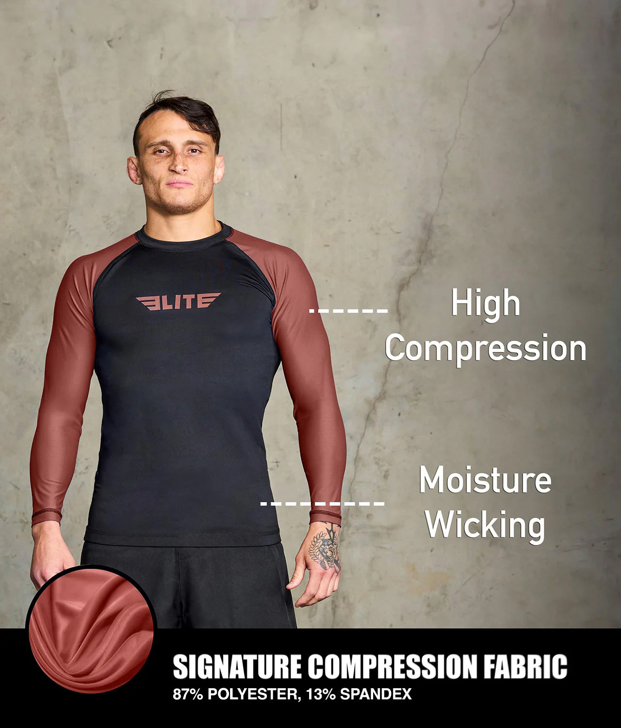 elite sports standard brown long sleeve mens jiu jitsu rashguard compression fabric