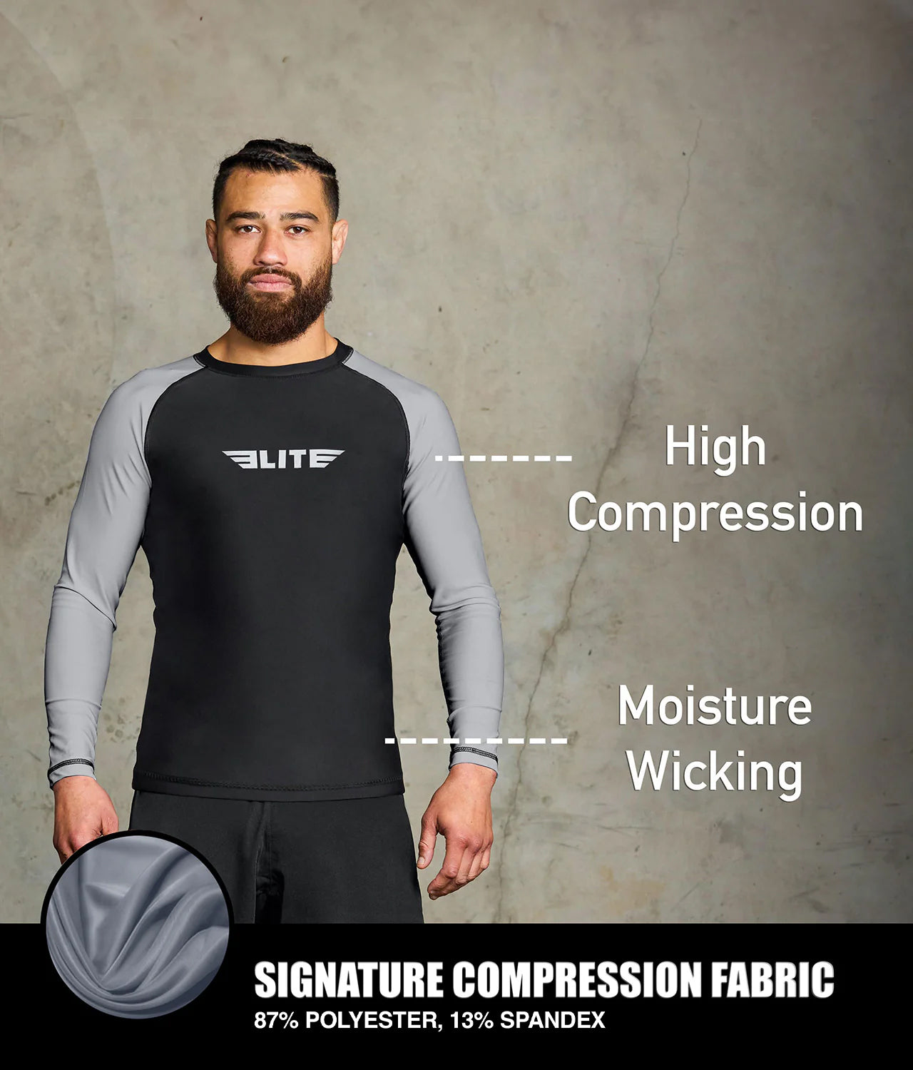 elite sports standard gray long sleeve mens jiu jitsu rashguard compression fabric
