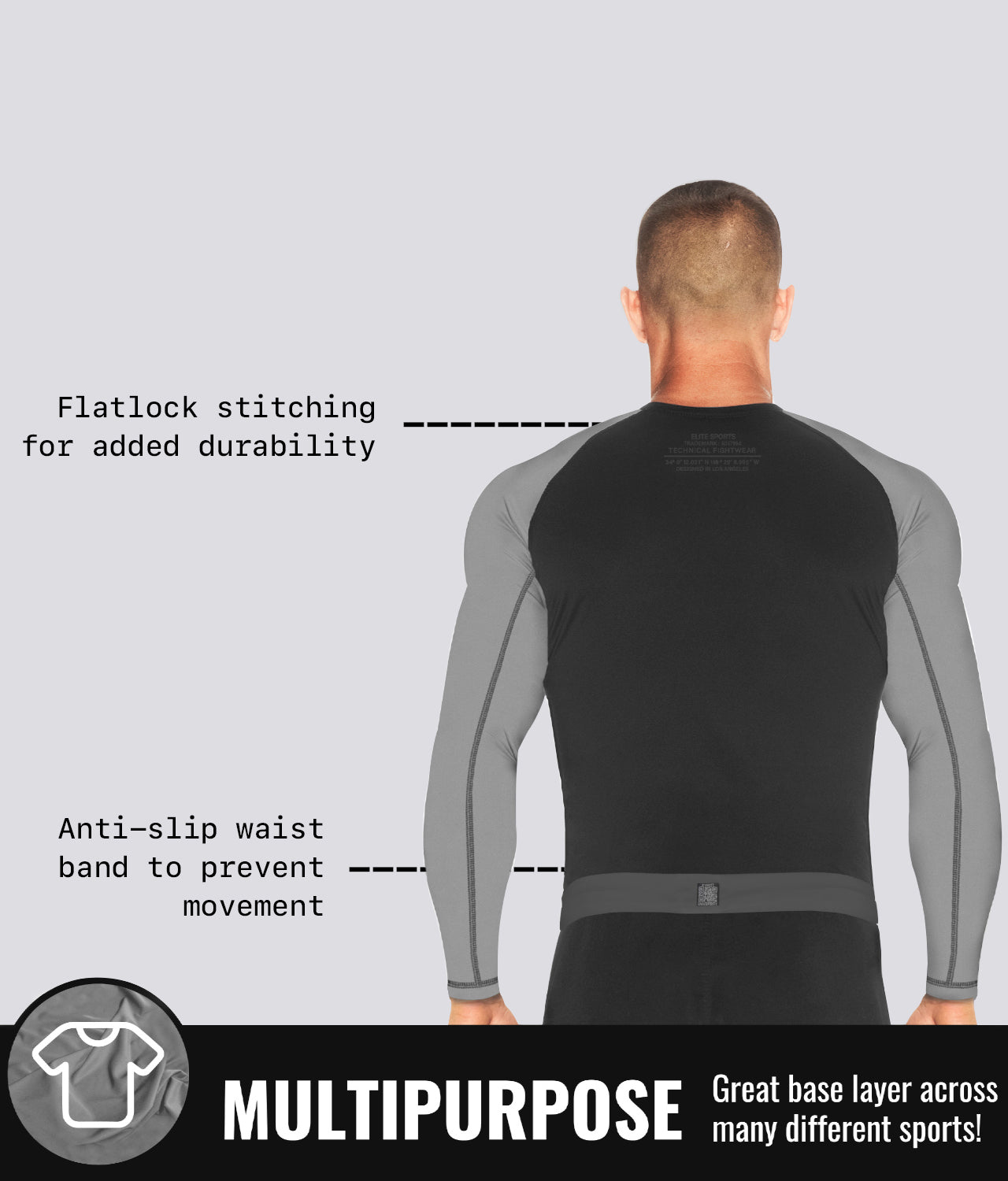 Elite Sports Men's Standard Gray Long Sleeve Jiu Jitsu BJJ Rash Guard Multipurpose