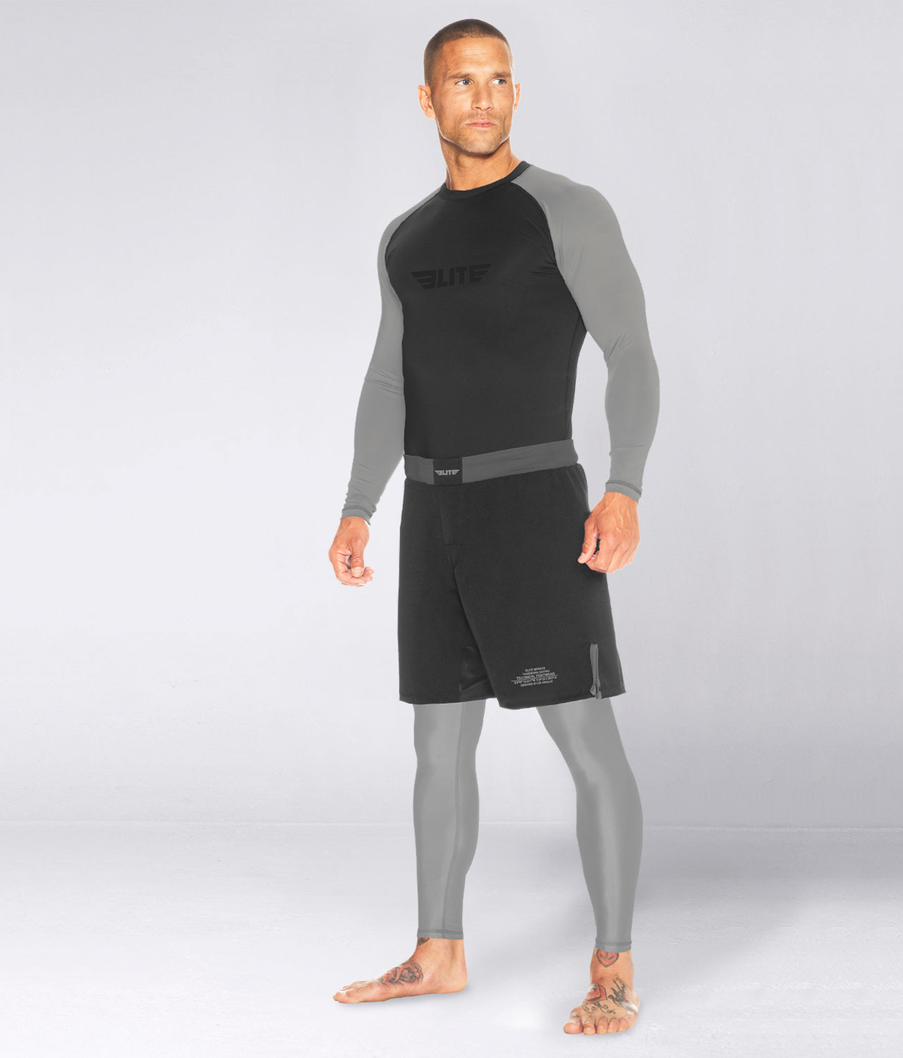 Elite Sports Men's Standard Gray Long Sleeve Training Rash Guard Side View