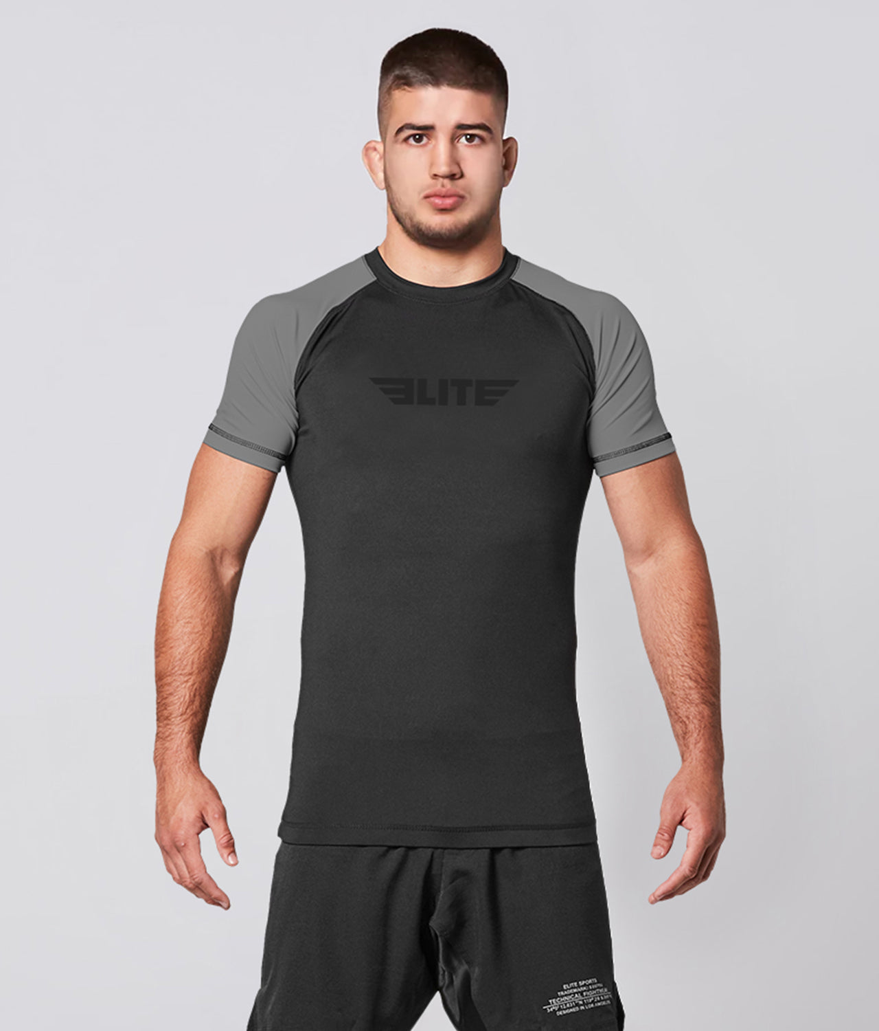 Elite Sports Men's Standard Gray Short Sleeve Jiu Jitsu BJJ Rash Guard Main View