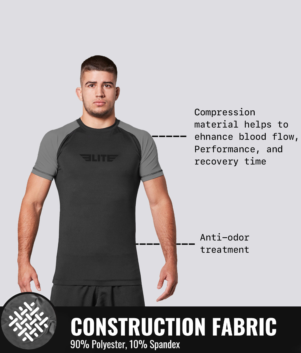 Elite Sports Men's Standard Gray Short Sleeve Jiu Jitsu BJJ Rash Guard Construction Fabric