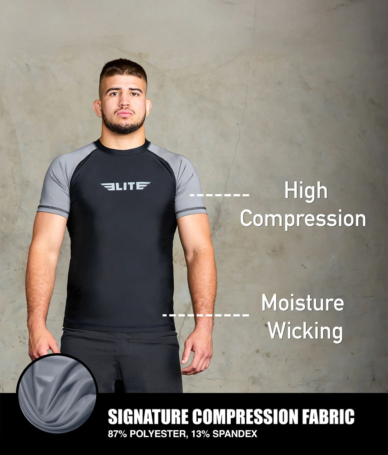 elitesports standard gray short sleeve mens bjj rash guard compression fabric