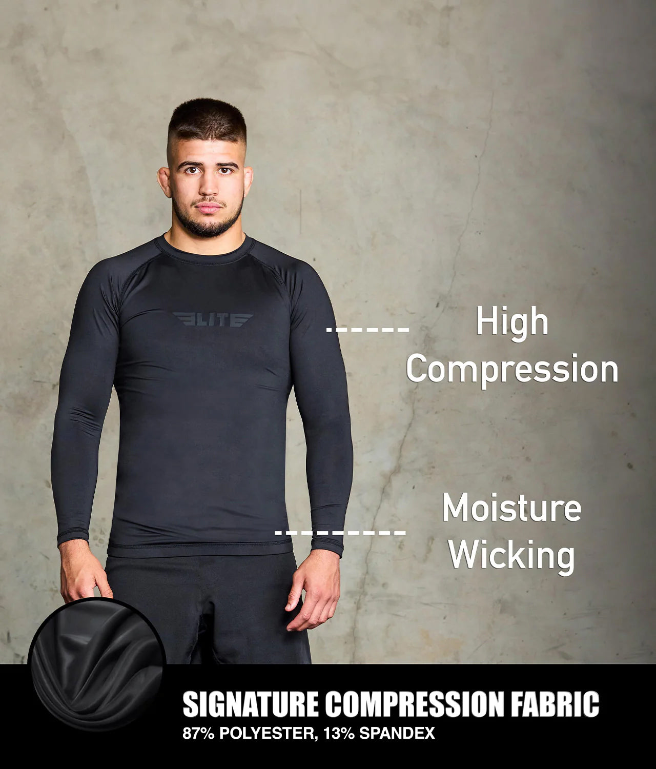 elite sports standard black long sleeve mens jiu jitsu rashguard compression fabric