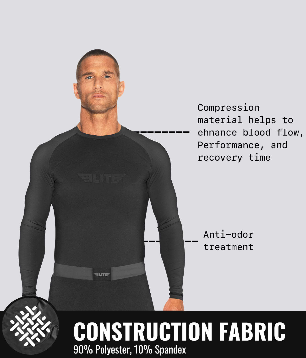 Elite Sports Men's Standard Black Long Sleeve Jiu Jitsu BJJ Rash Guard Construction Fabric