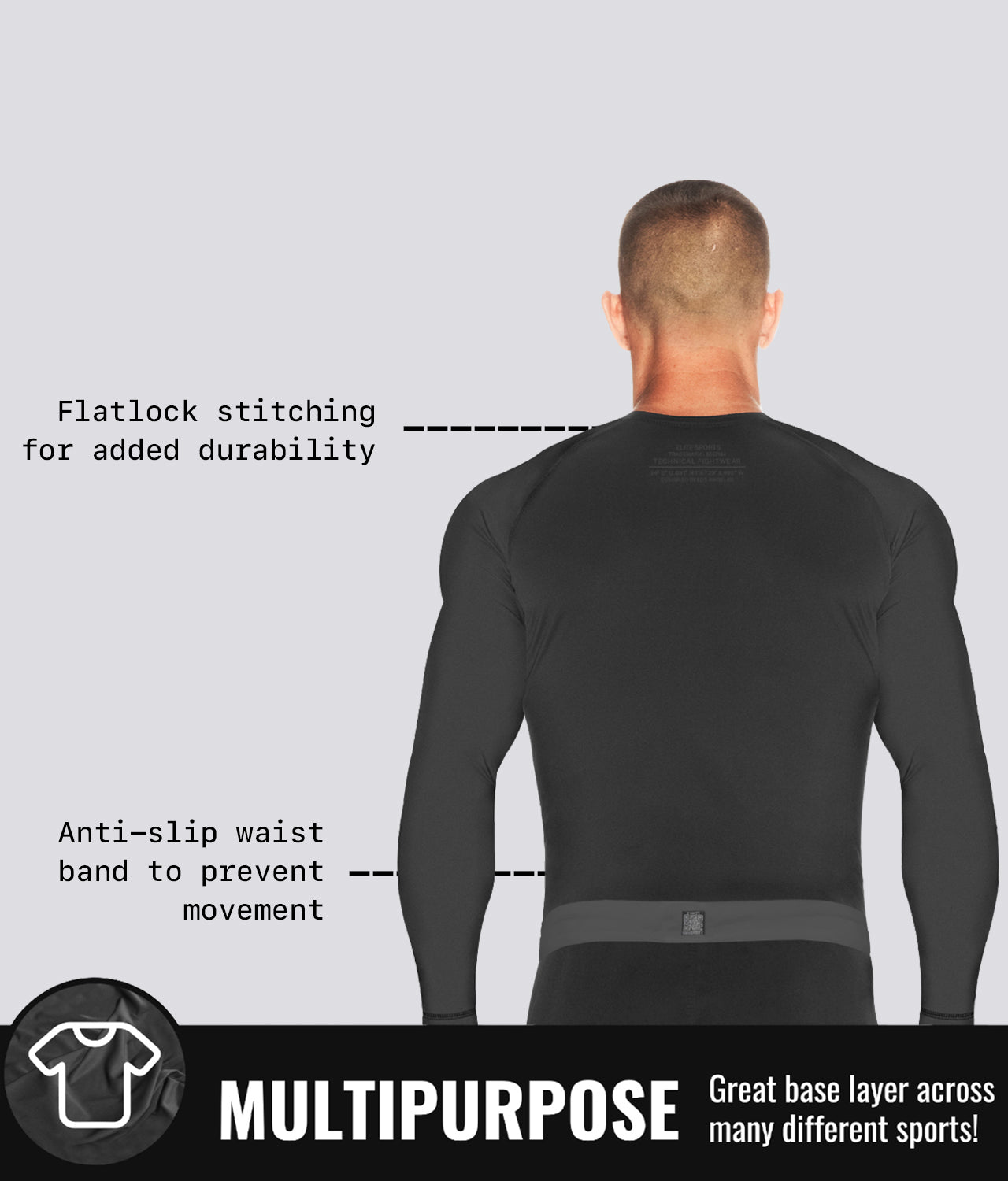 Elite Sports Men's Standard Black Long Sleeve Jiu Jitsu BJJ Rash Guard Multipurpose