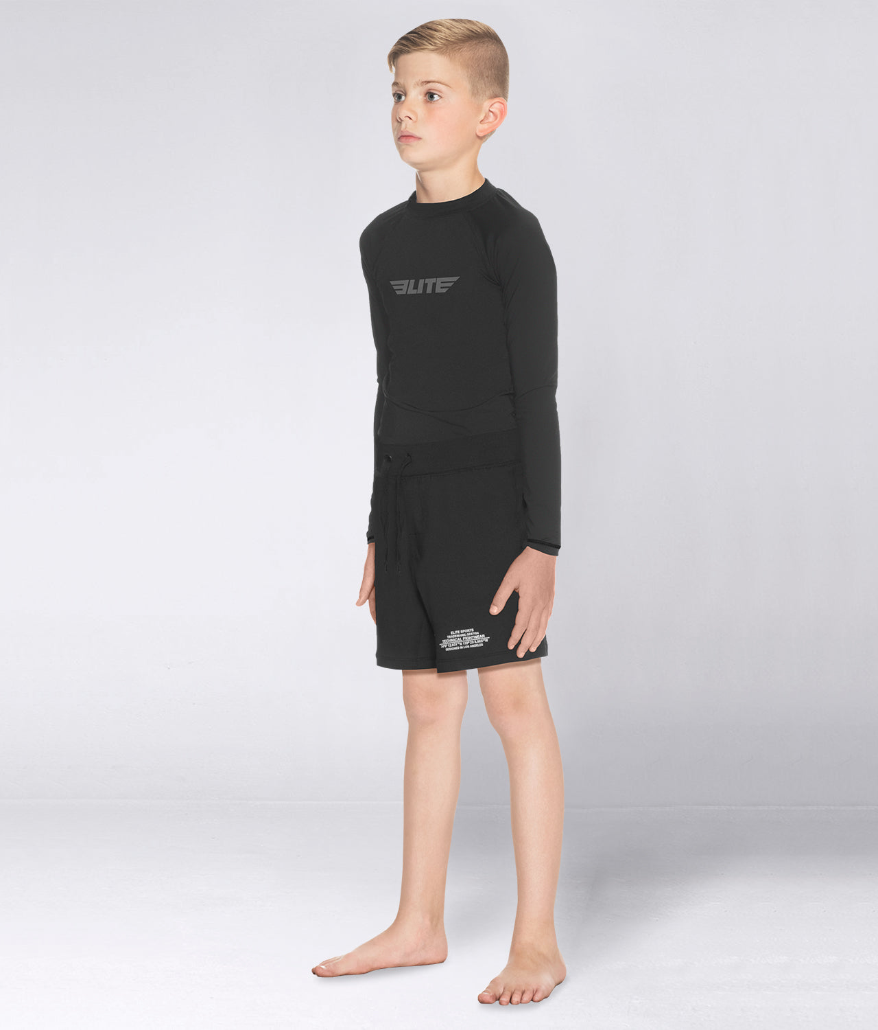 Elite Sports Kids' Standard Black Long Sleeve BJJ Rash Guard Side View
