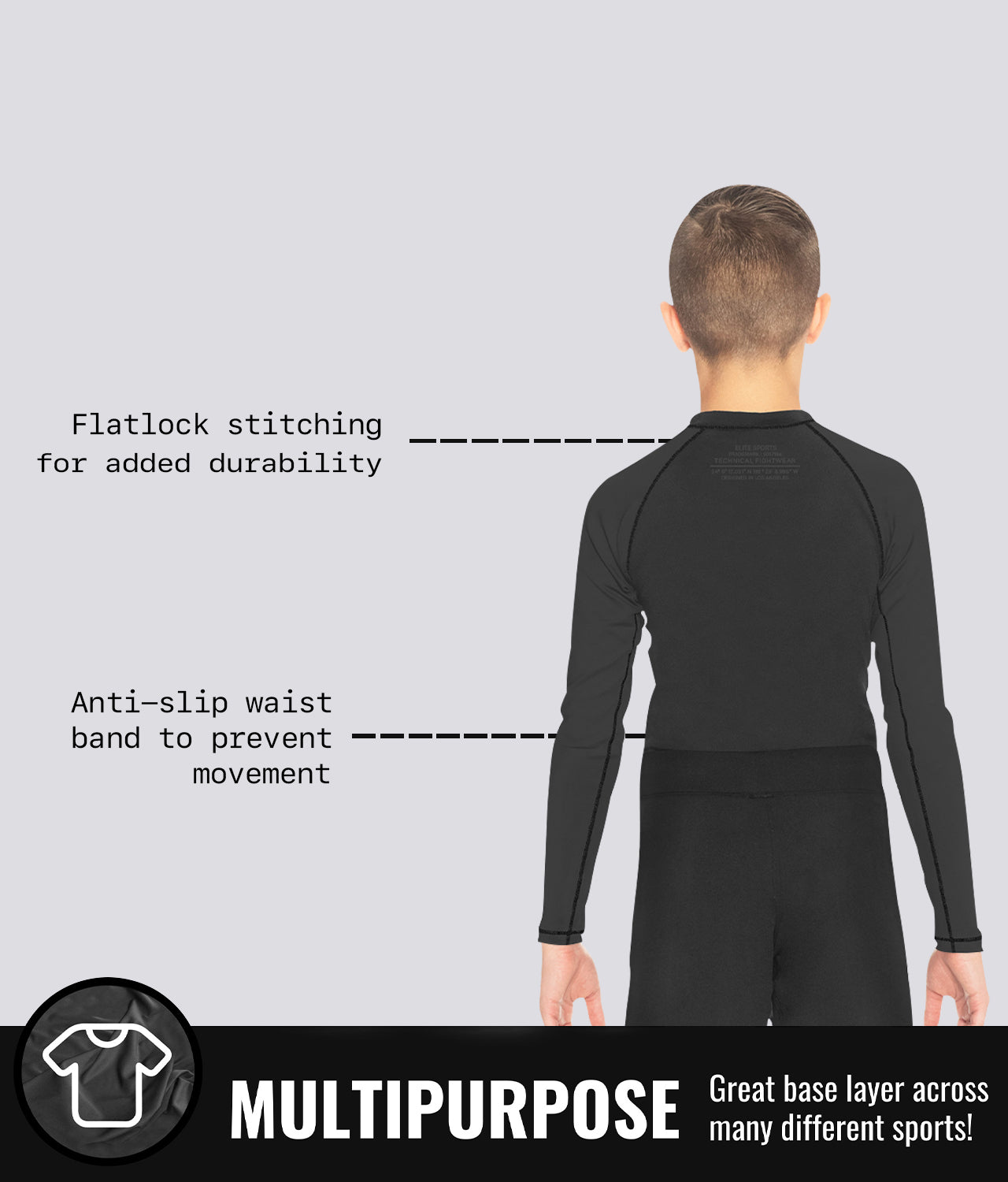 Elite Sports Kids' Standard Black Long Sleeve BJJ Rash Guard Multipurpose