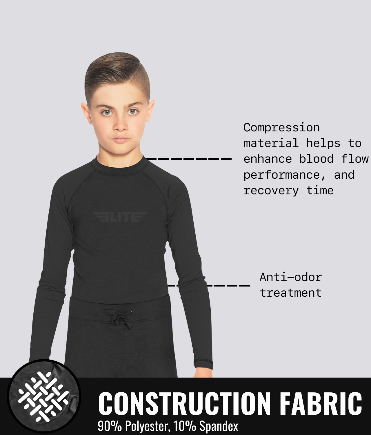 Elite Sports Kids' Standard Black Long Sleeve BJJ Rash Guard Construction Fabric