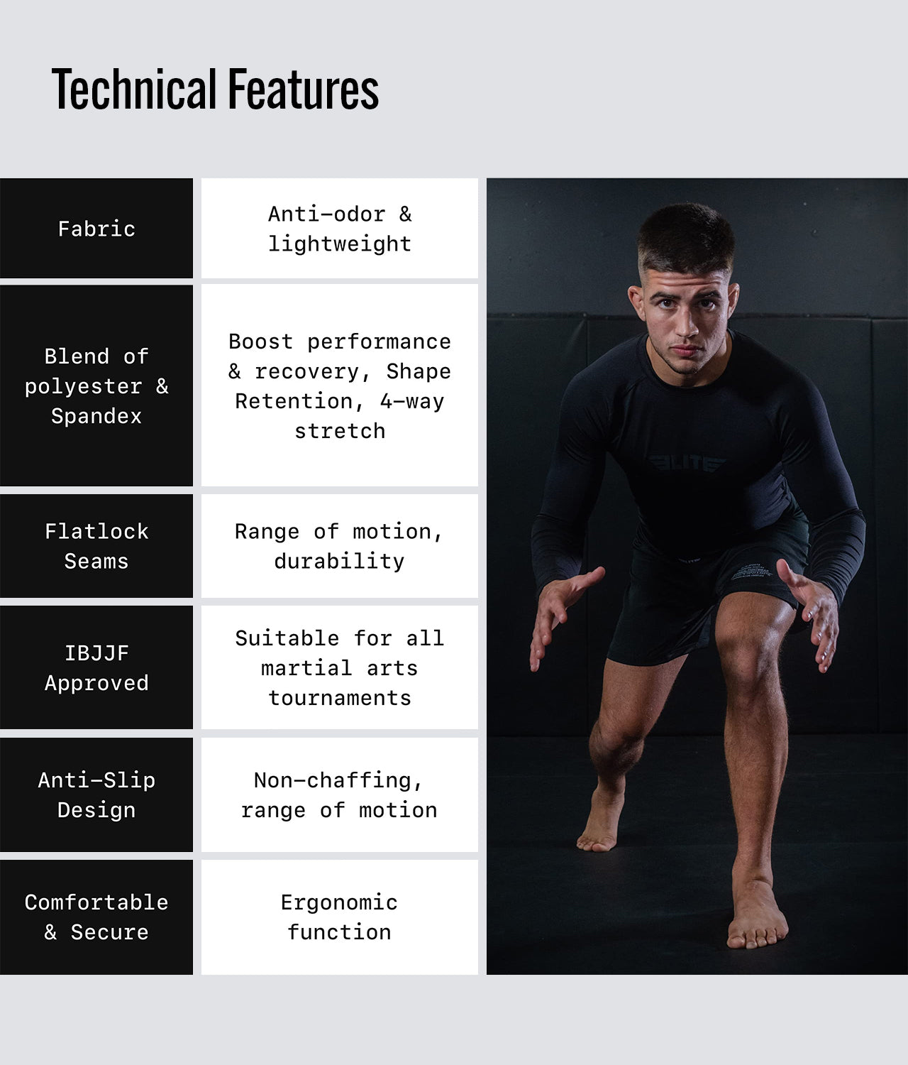 Elite Sports Men's Standard Black Long Sleeve MMA Rash Guard Technical Features