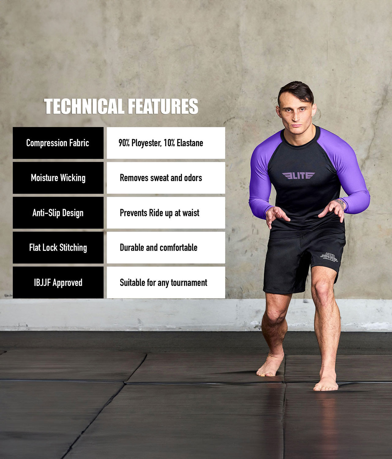 standard purple long sleeve mens jiu jitsu rash guard technical features