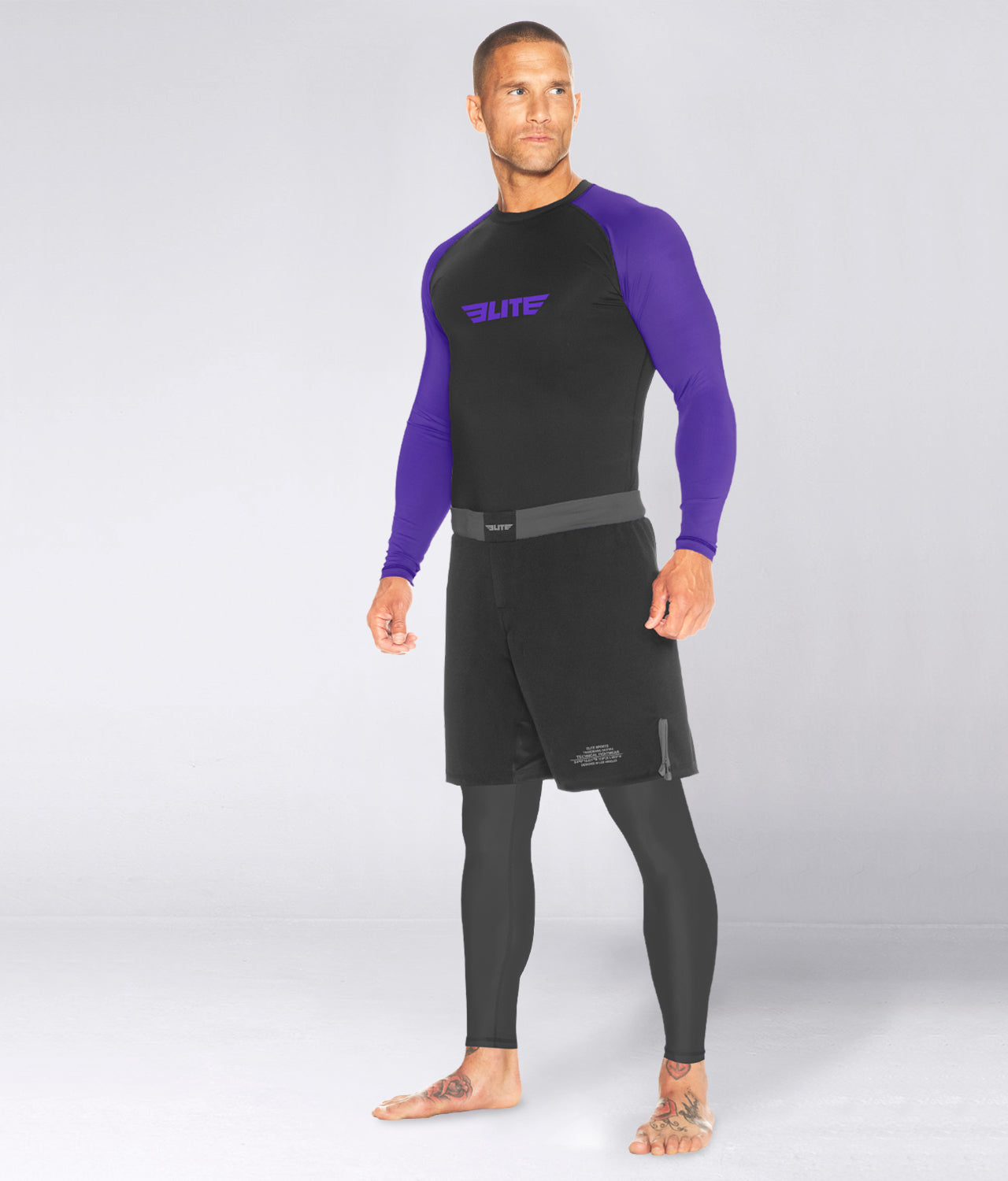 Elite Sports Men's Standard Purple Long Sleeve Jiu Jitsu BJJ Rash Guard Side View
