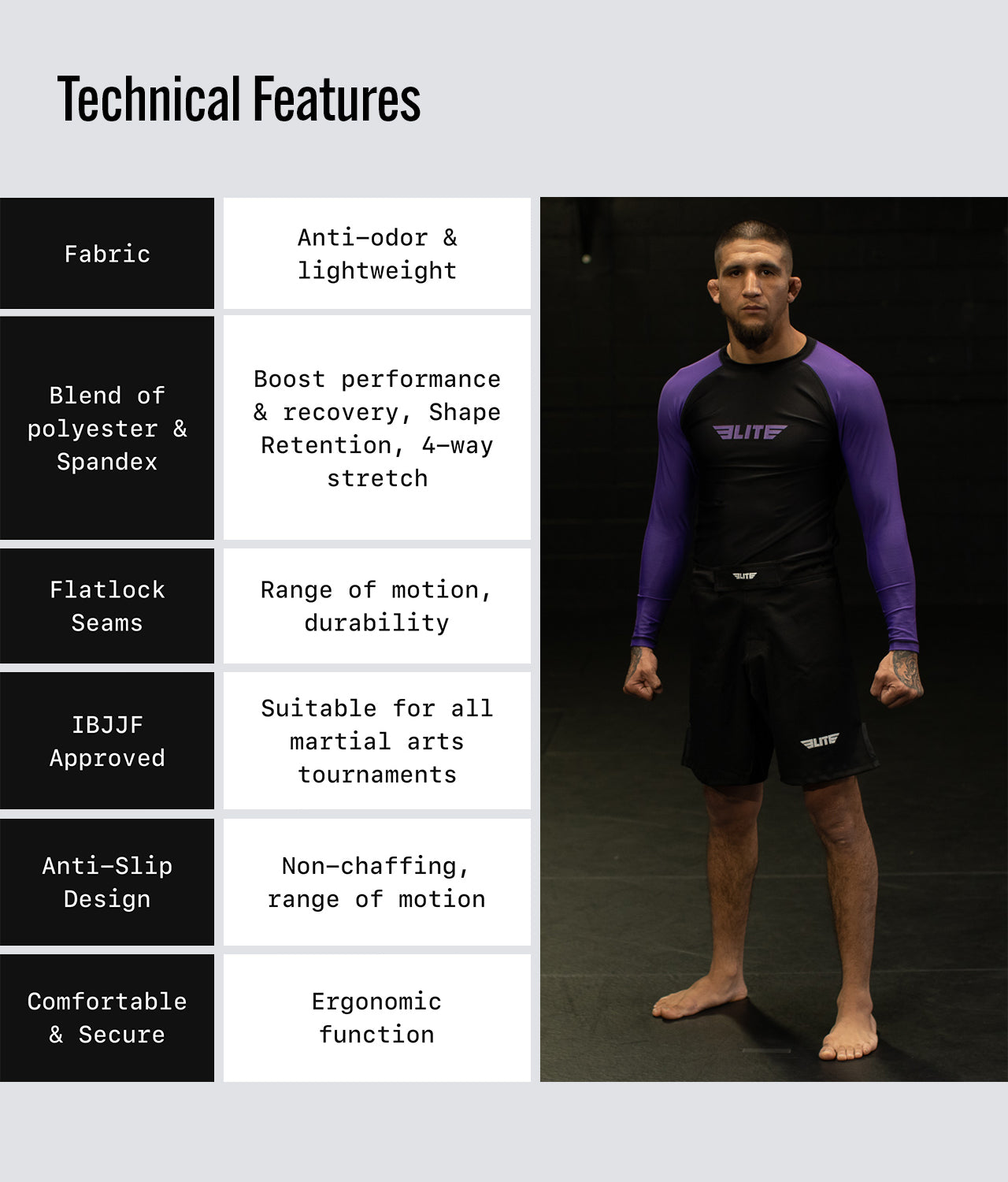 Elite Sports Men's Standard Purple Long Sleeve Jiu Jitsu BJJ Rash Guard Technical Features