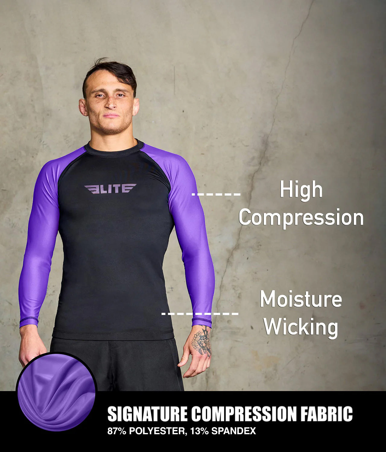 elite sports standard purple long sleeve mens jiu jitsu rashguard compression fabric
