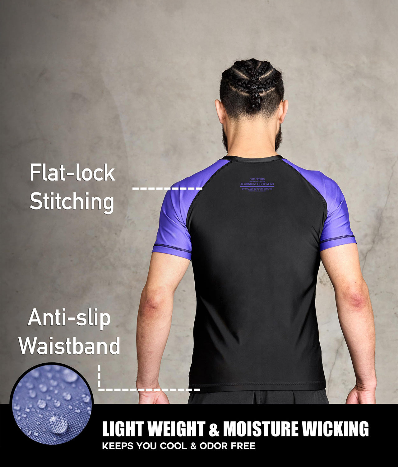 elitesports standard purple short sleeve lightweight mens bjj rash guard