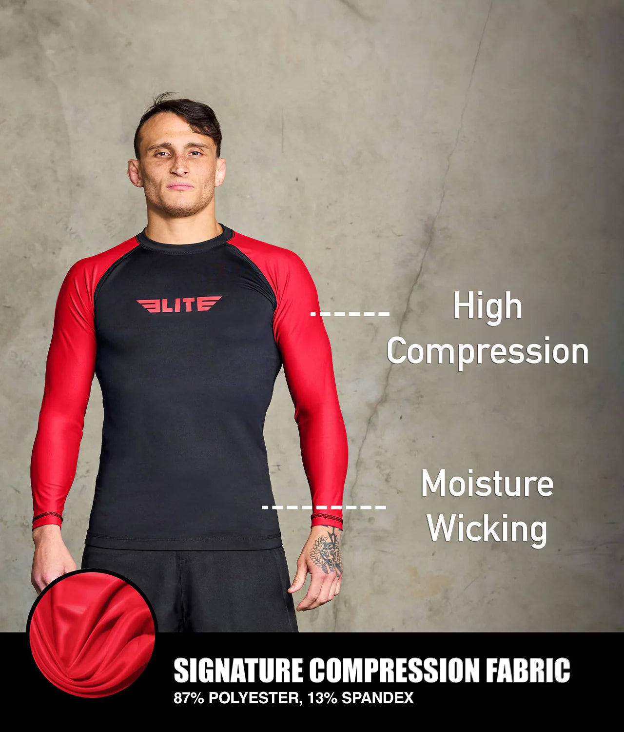 elite sports standard red long sleeve mens jiu jitsu rashguard compression fabric