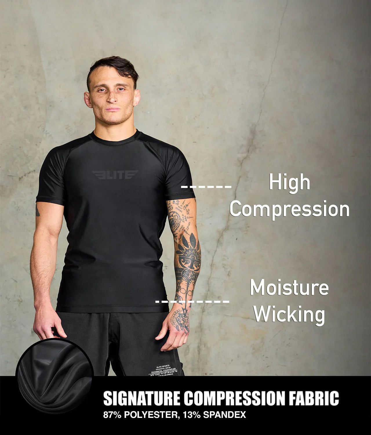 elitesports standard black short sleeve mens bjj rash guard compression fabric