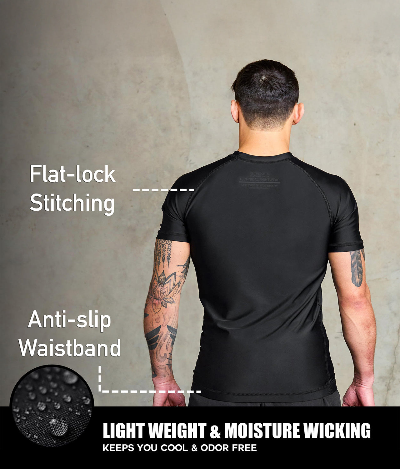 elitesports standard black short sleeve lightweight mens bjj rash guard