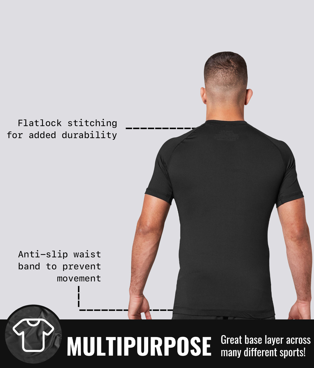 Elite Sports Men's Standard Black Short Sleeve Jiu Jitsu BJJ Rash Guard Multipurpose